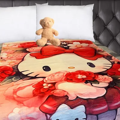 Cute Kitty Floral Blanket: Hello Cat Kawaii Cartoon Design