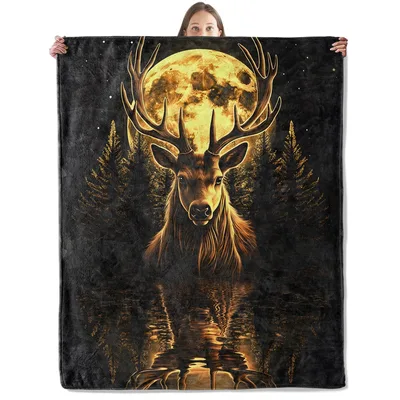 Moonlit Deer Golden Moon Blanket: Majestic Stag Art for Nature Lovers