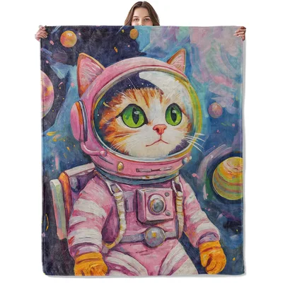 Astronaut Kitten in Galaxy Blanket: Whimsical Space Cat Art