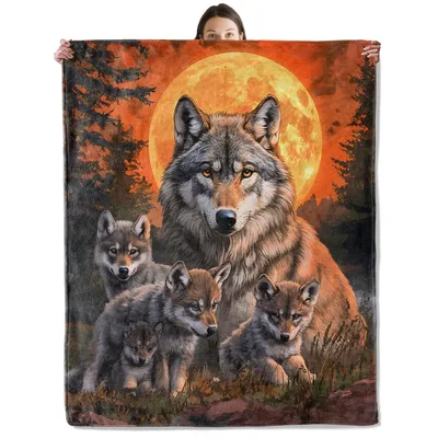 Wolf Family Under Full Blanket: A Cozy Pack Portrait with Fiery Moon