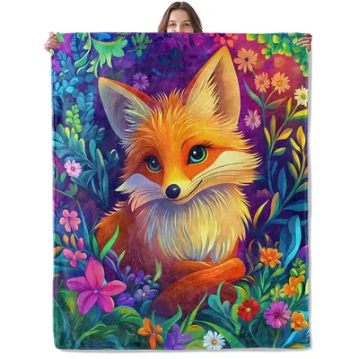 Cute Fox Among Flowers Blanket: A Whimsical Cartoon Fox in a Garden