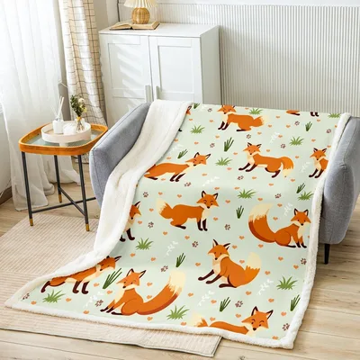 Green Fox Pattern Blanket: Cute Cartoon Foxes and Hearts