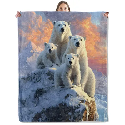 Polar Bears on Snowy Mountain Blanket: Arctic Family at Sunset