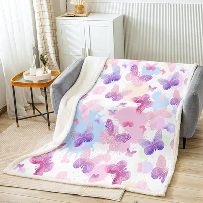 Pink Butterfly Pattern Blanket featuring watercolor purple