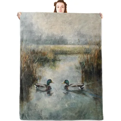 Mallard Ducks on Misty Lake Blanket: Rustic Waterfowl Art