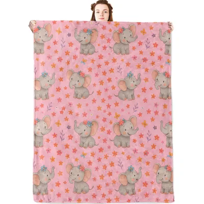 Cartoon Elephants with Stars Blanket: Cute Elephant Throw with Flowers