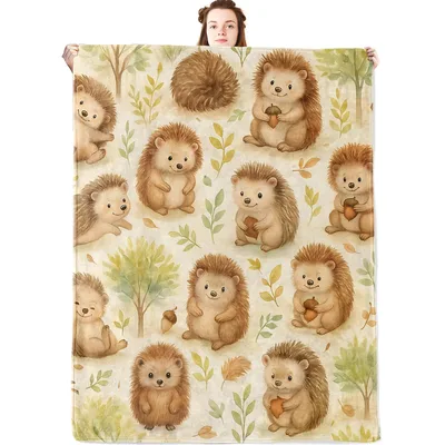 Autumn Hedgehog Forest Pattern Blanket: Cute Woodland Design