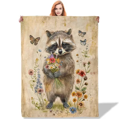 Raccoon Holding Wildflowers Blanket: A Vintage Raccoon With Bouquet