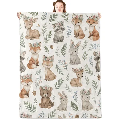 Woodland Animals Watercolor Pattern Blanket featuring fox