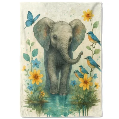 Watercolor Elephant with Bluebird Blanket: A Gentle Jungle Scene