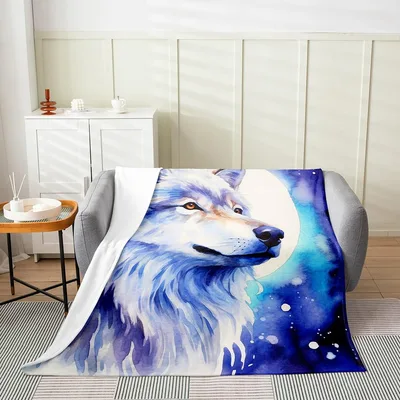 Watercolor Wolf in Galaxy Blanket: A Blue Furry Portrait