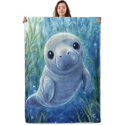 Cute Manatee Underwater Painting Blanket for Ocean Lovers