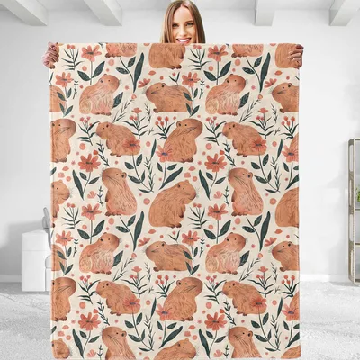 Capybaras and Flowers Pattern Blanket featuring illustrated capybaras
