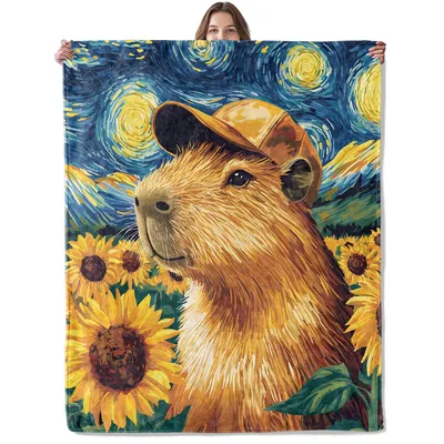 Capybara with Sunflowers Starry Blanket: Artistic Rodent Design