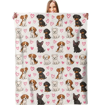 Puppies and Kittens Blanket: Adorable Pups and Hearts Pattern
