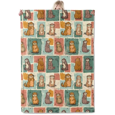 Retro Otter Doodle Pattern Blanket: Vintage Sea Otter Collage Design