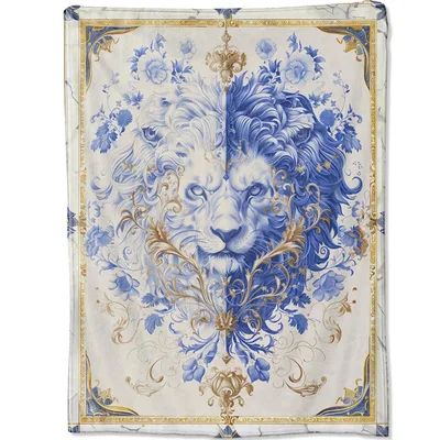 Royal Lion Blue Gold Blanket: Elegant Floral Lion Art for Cozy Spaces