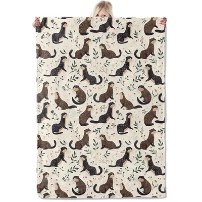 Brown Otters Among Leaves Blanket: Hand-Drawn Otter Pattern