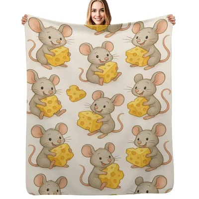 Cartoon Mice Holding Cheese Blanket: Cute Rodent Pattern for Cozy Naps