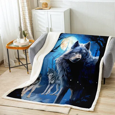 Wolf Howling at Moon Blanket: A Wolf in a Blue Night Forest