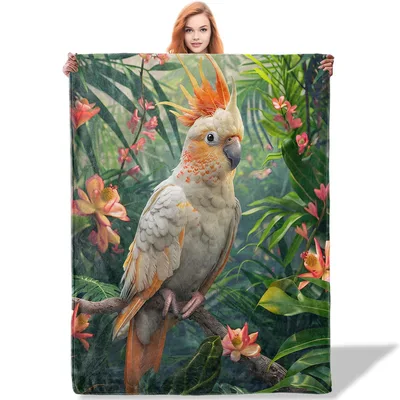 Cockatoo Parrot in Foliage Blanket: Tropical Bird Art for Home