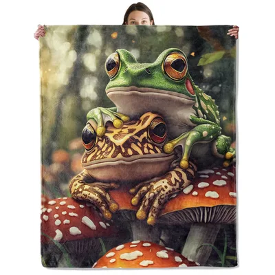 Frogs on Red Mushroom Blanket: Cozy Frog Art for Nature Lovers