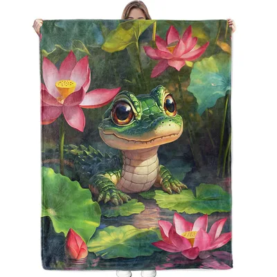 Cartoon Crocodile in Lotus Blanket: Cute Gator in Pond Art