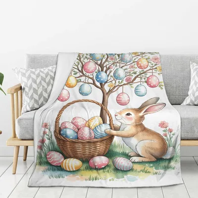 Easter Bunny with Eggs Basket Blanket: Spring Rabbit Art