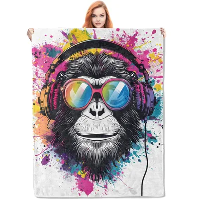 Chimp with Headphones Blanket: Cool Monkey Art for Music Lovers