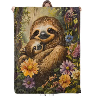 Hugging Sloths with Flowers Blanket: Cozy Parent and Baby Sloth Art