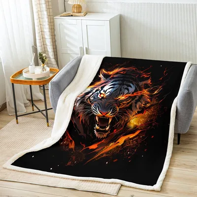 Fierce Tiger on Fire Blanket: Fiery Feline Art for Bold Interiors