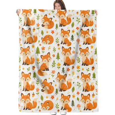 Playful Fox Pattern Blanket: Cute Forest Animals and Acorns