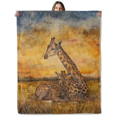Giraffe Family at Sunset Blanket: Watercolor Art of Parent and Calf