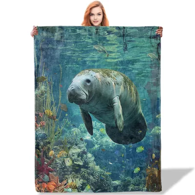 Manatee Swimming Underwater Blanket: Ocean Life Design
