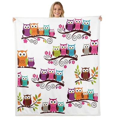 Colorful Cartoon Owls on Branches Blanket: Whimsical Owl Family Print