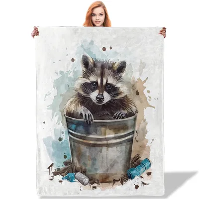 Raccoon in a Bucket Blanket: Watercolor Raccoon in Metal Trash Can