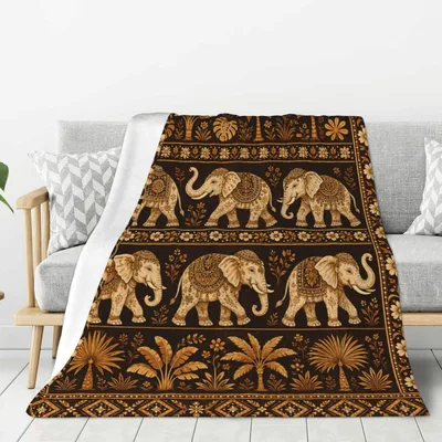 Indian Elephant Pattern Border Blanket with Decorative Floral Motifs