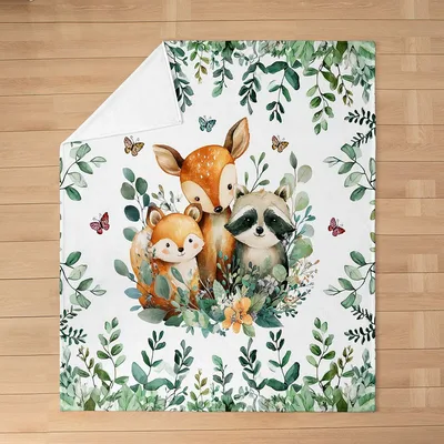 Woodland Animals Foliage Pattern Blanket: Cute Deer Raccoon Fox Design
