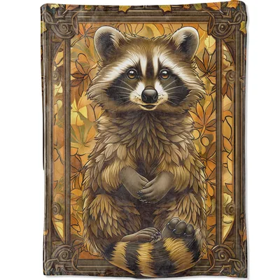 Raccoon in Ornate Frame Blanket: Woodland Art with Autumn Leaves