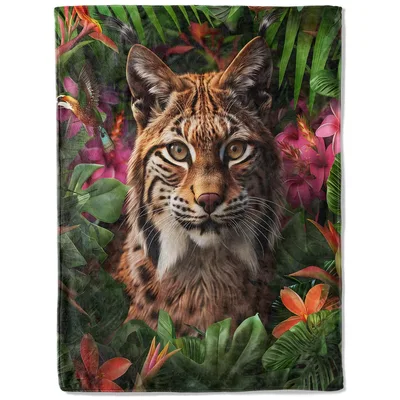 Lynx Tropical Leaves Portrait Blanket: Wild Cat in Jungle Floral Art