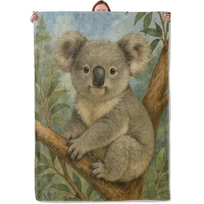 Koala Bear on Branch Blanket: A Realistic Koala Art Print