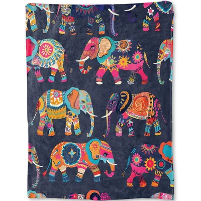 Bohemian Elephant Parade Blanket: Colorful Tribal Elephants on Navy