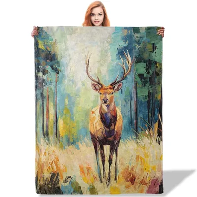 Deer in Autumn Forest Blanket: Artistic Stag in Woodland Scene