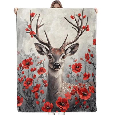 Deer with Red Poppies Blanket: Majestic Stag Art Design