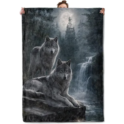 Wolves in Moonlit Forest Blanket: Wild Wolves by a Misty Waterfall