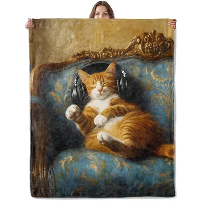 Cat Listening to Music Blanket: Classical Cat with Headphones Art