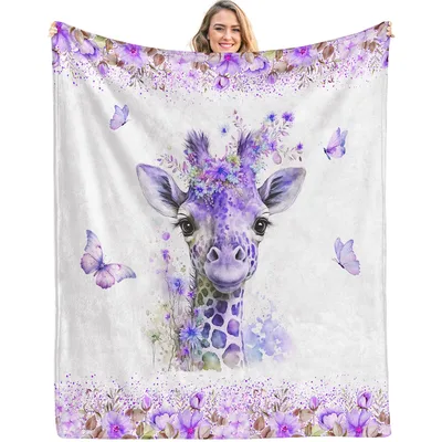 Purple Floral Giraffe Blanket: Watercolor Art with Butterflies