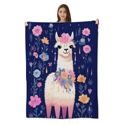 Floral Llama on Navy Blanket: A Whimsical Floral Design