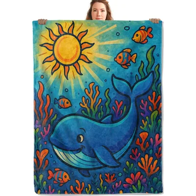 Cartoon Whale Sun Blanket: Smiling Blue Whale and Tropical Fish Design