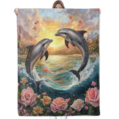 Dolphins Jumping with Roses Blanket: A Romantic Ocean Scene